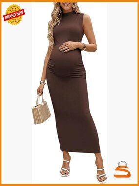 Maternity Mock Neck Sleeveless Ruched Bodycon Maxi Dress for Photoshoot